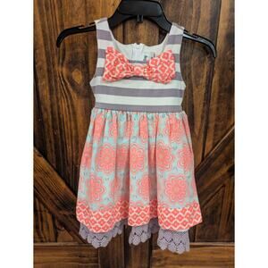 Counting Daisies Girls Sz 4t gray & coral stripes bow floral lace trim dress GUC